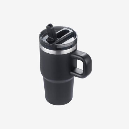 side view of black 20 oz vacuum insulated tumbler mug with handle custom promotional drinkware