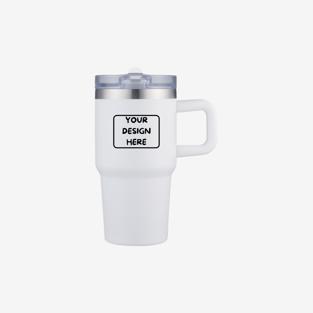 white 20 oz vacuum insulated tumbler mug with handle custom full color printing and engraving