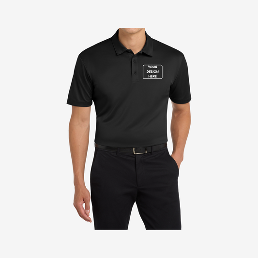 Port Authority Silk Touch Performance Polo K540 black front view custom embroidered corporate polo shirt