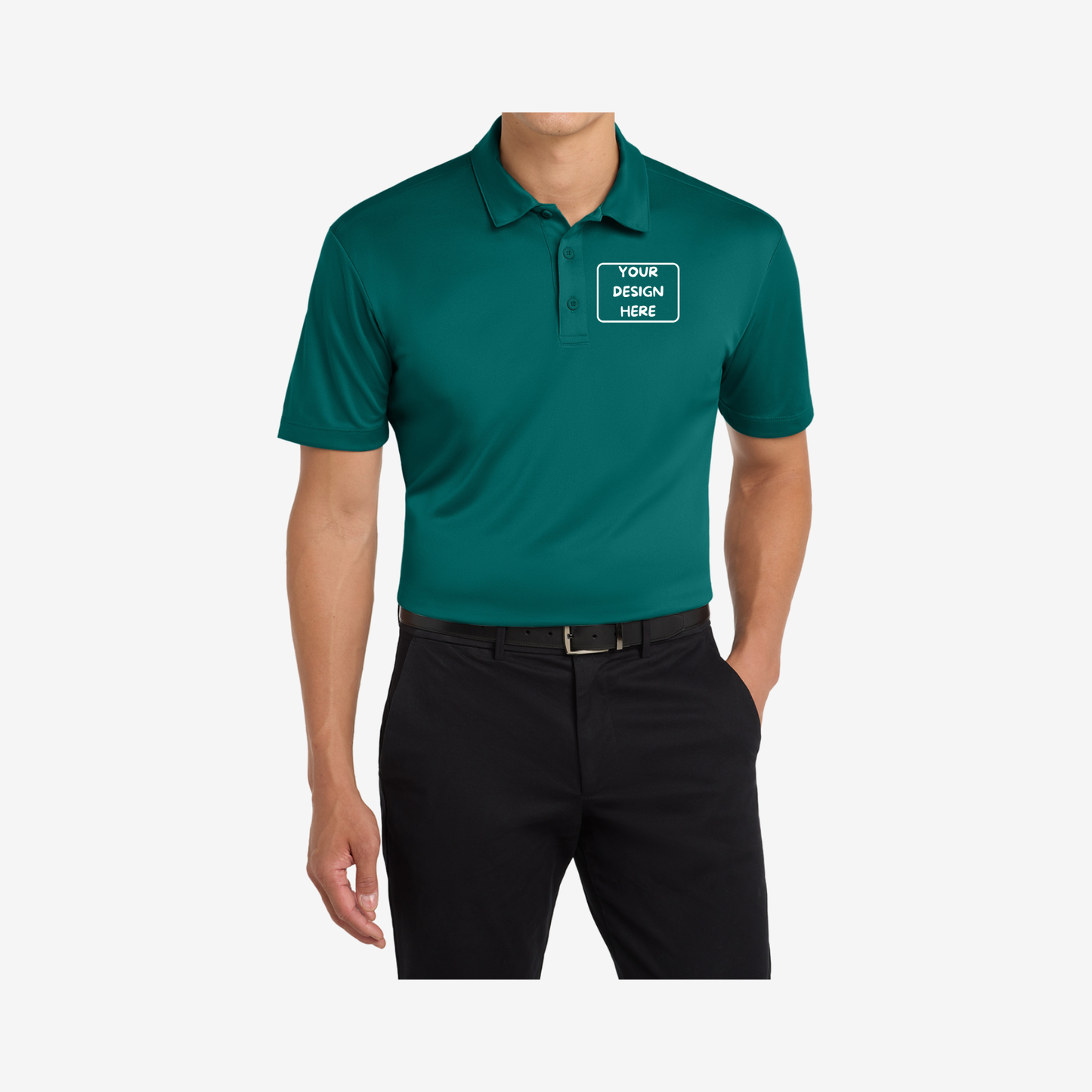 Port Authority Silk Touch Performance Polo K540 teal green front view embroidered company polo
