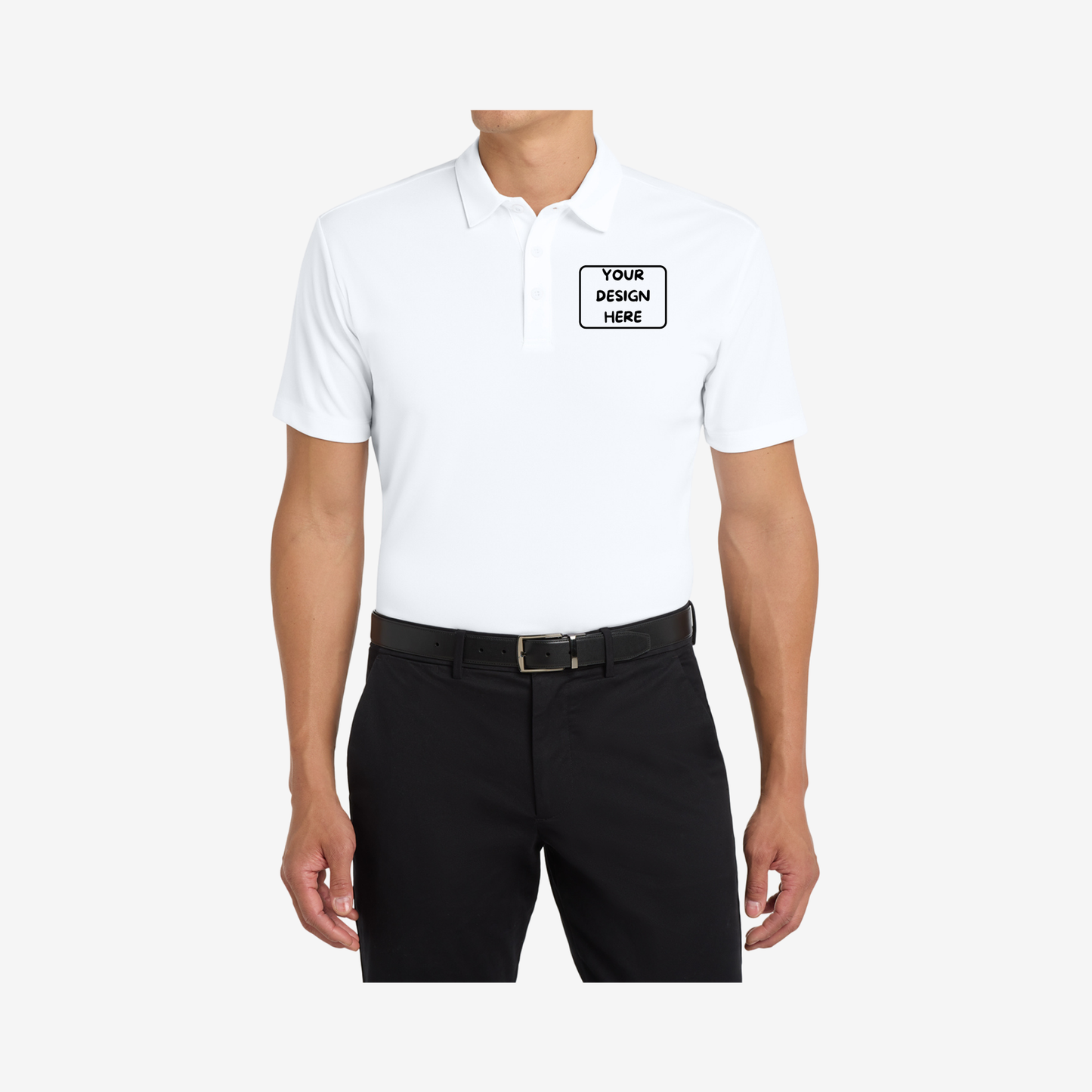Port Authority Silk Touch Performance Polo K540 white front view custom logo polo shirt