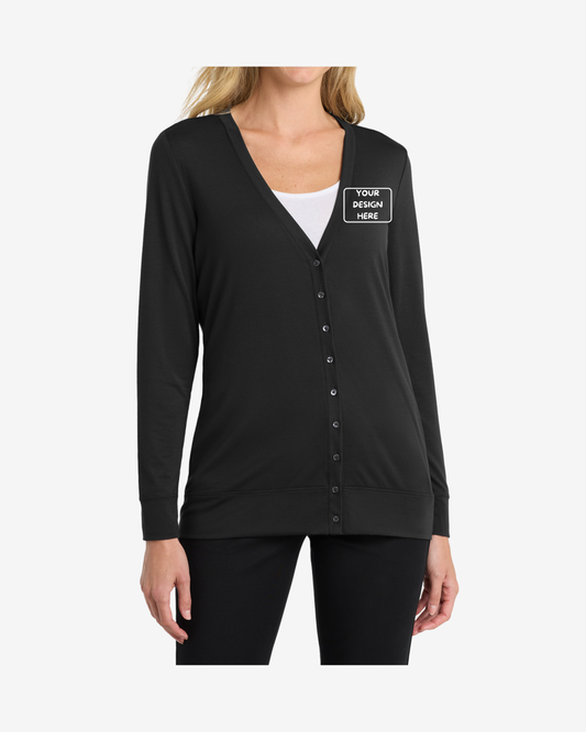 Port Authority Women’s Concept Cardigan L545 black front view button front women’s business cardigan