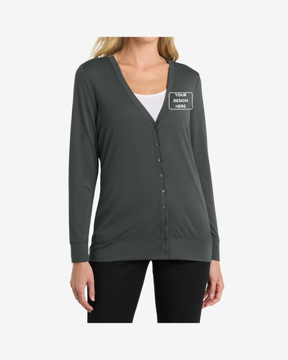 Port Authority Women’s Concept Cardigan L545 grey smoke front view women’s business casual cardigan