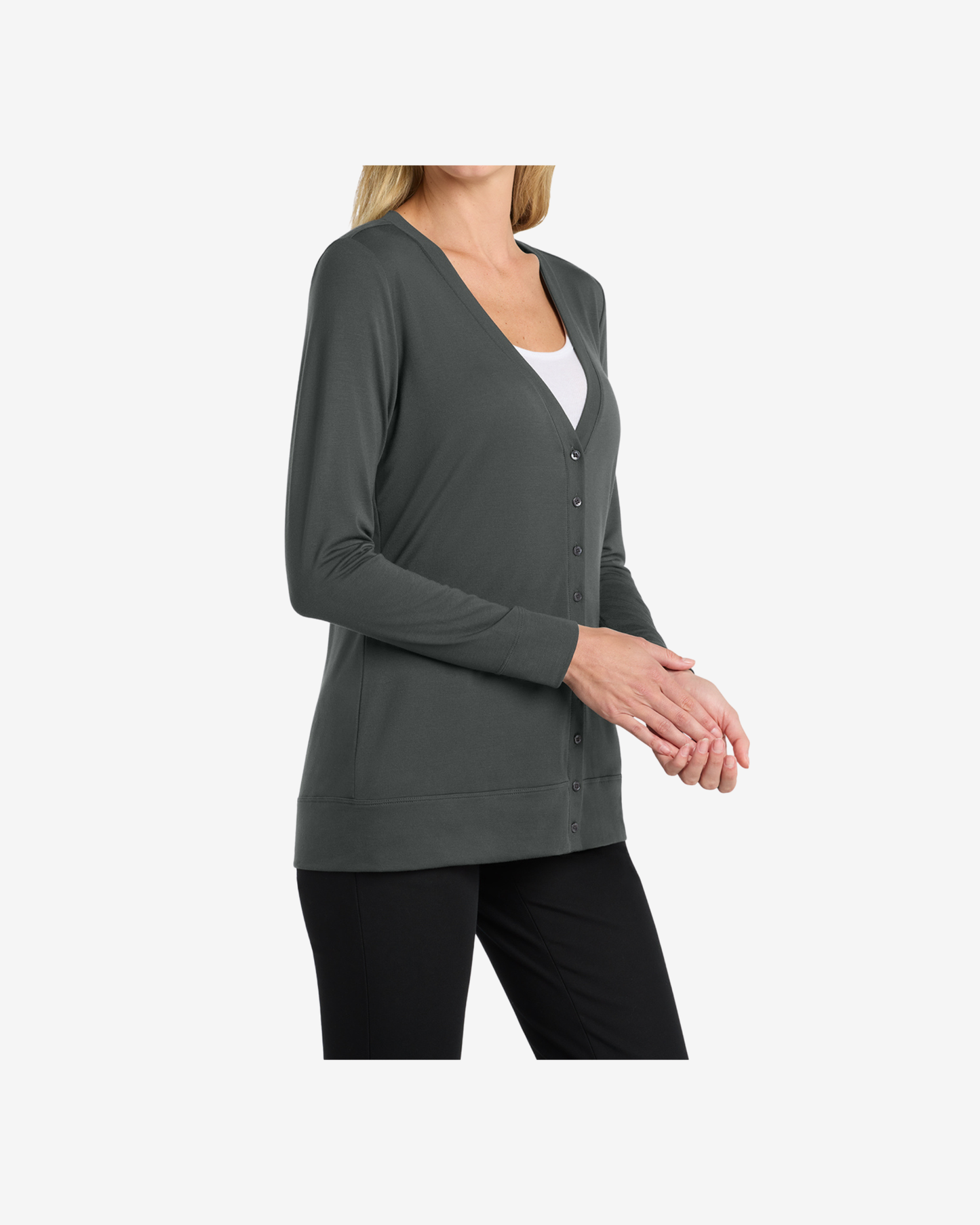 Port Authority Women’s Concept Cardigan L545 grey smoke side view lightweight women’s office cardigan