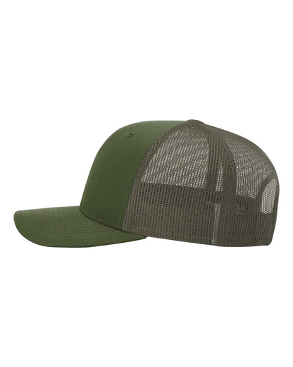 Side view of Army Olive Richardson 112T Tactical Trucker Cap with breathable mesh back