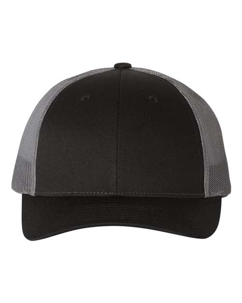 Richardson 115 black/charcoal low-profile trucker cap, six-panel structured front with mesh back and adjustable snapback