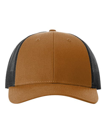 Richardson 115 low-profile trucker cap with caramel front panel and black mesh back, adjustable snapback closure