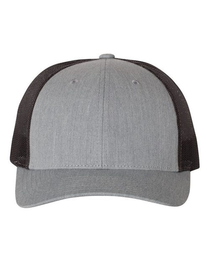 Richardson 115 low-profile trucker cap with heather grey front panel and dark charcoal mesh back, adjustable snapback closure
