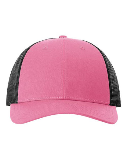 Richardson 115 low-profile trucker cap with hot pink front panel and black mesh back, adjustable snapback closure