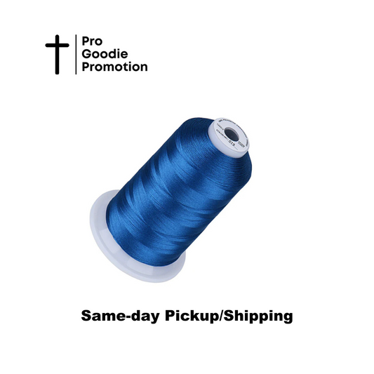 Spool of royal blue thread with Pro Goodie Promotion branding on a white background