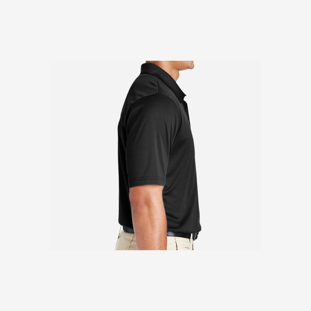 Team 365 men’s tall performance polo black side view moisture wicking custom uniform polo