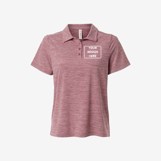 Team 365 women’s relay heathered stripe polo sport maroon heather white custom embroidered performance uniform polo. Premium striped design for modern women’s uniforms.