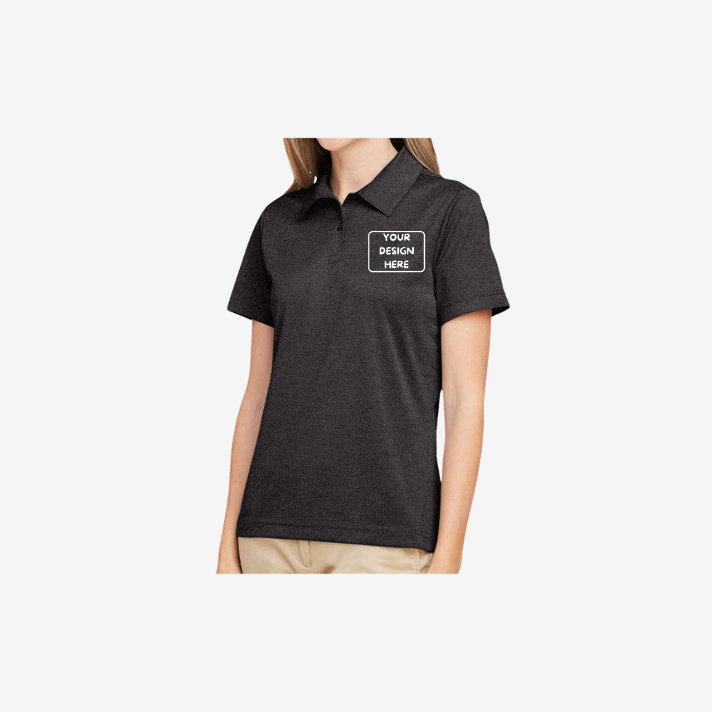 Team 365 women’s sonic heather performance polo black heather side view custom uniform polo shirt