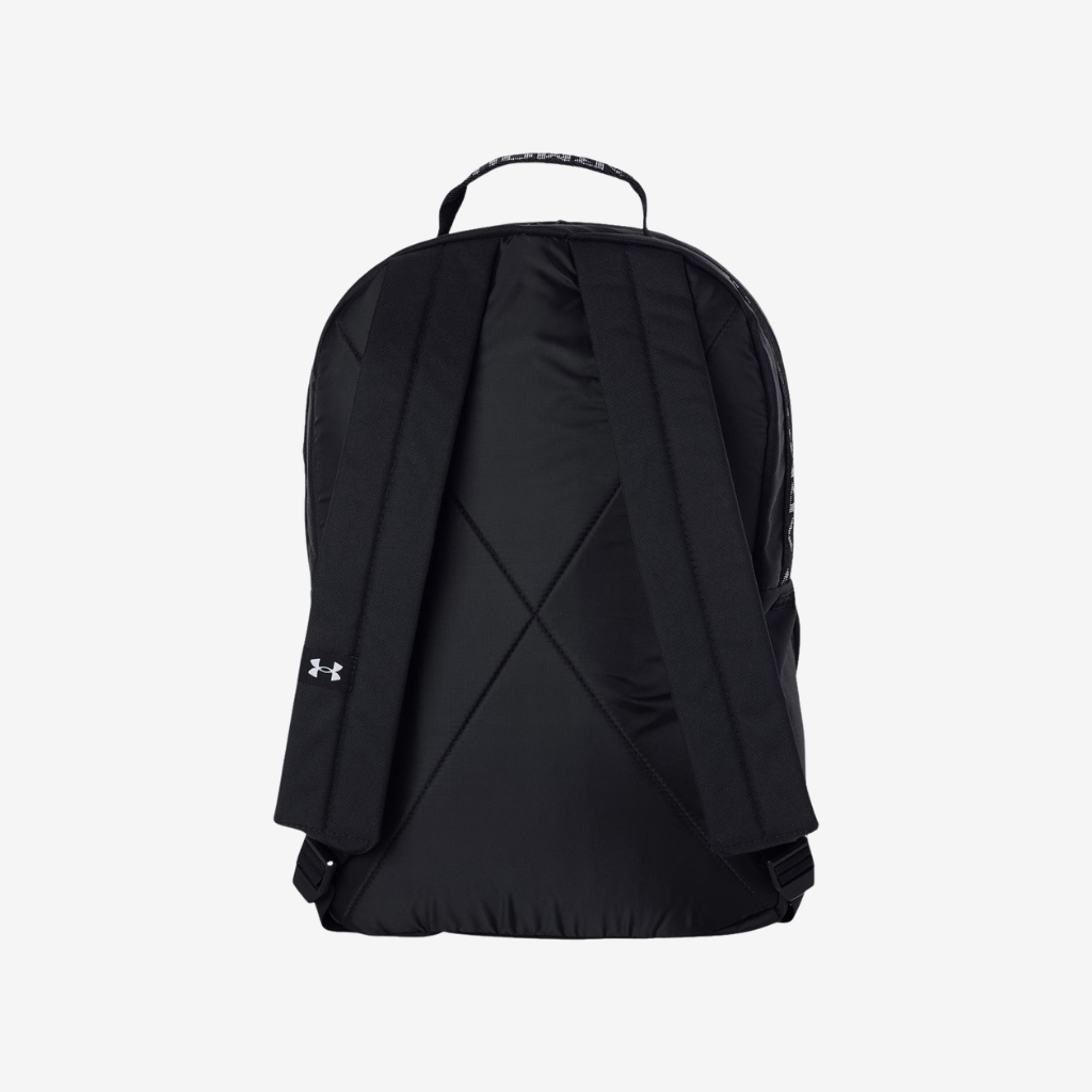Back view of Under Armour Loudon backpack in black and white color featuring padded straps and lightweight ergonomic design