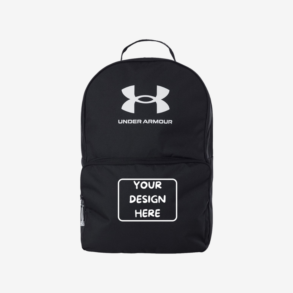 Front view of custom Under Armour Loudon backpack in black and white color with logo printing and embroidery for corporate branding and promotional use