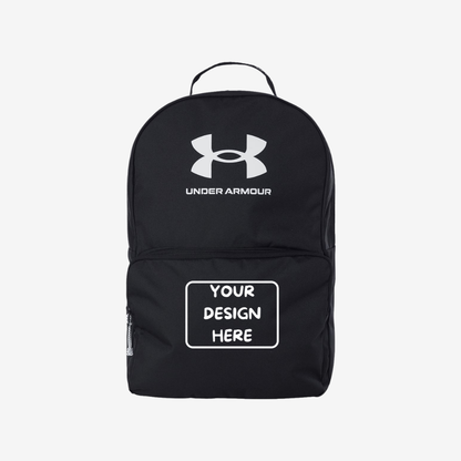 Front view of custom Under Armour Loudon backpack in black and white color with logo printing and embroidery for corporate branding and promotional use