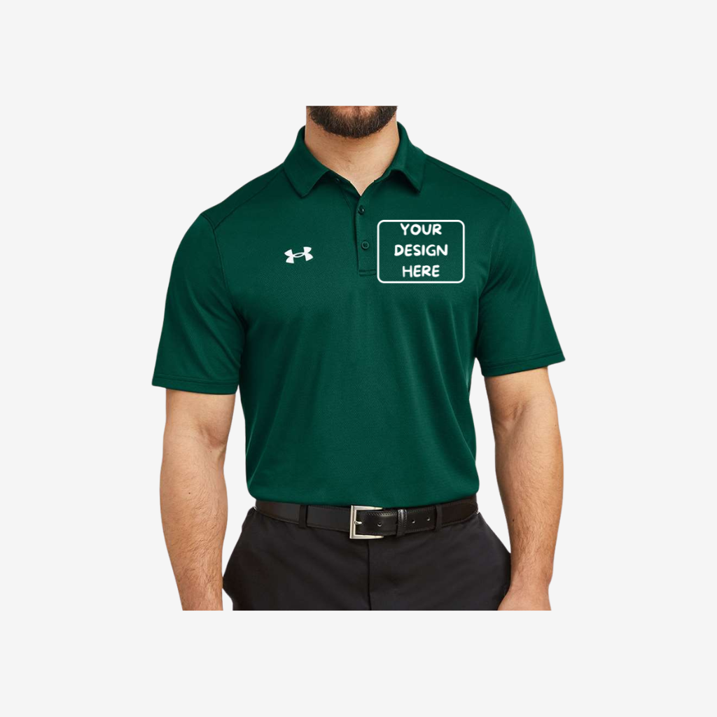 Under Armour men’s tech polo forest green white custom logo performance uniform polo