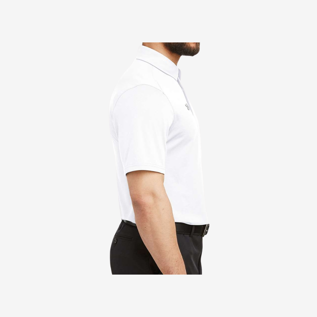 Under Armour men’s tech polo white mod grey side view moisture wicking performance uniform polo shirt