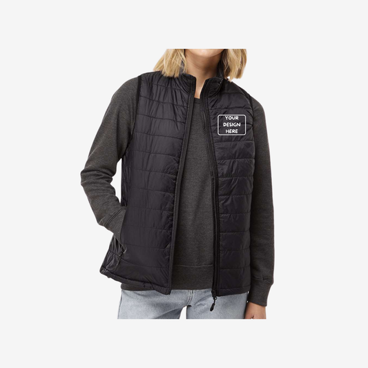 Women's Puffer Vest black front view custom embroidered corporate vest