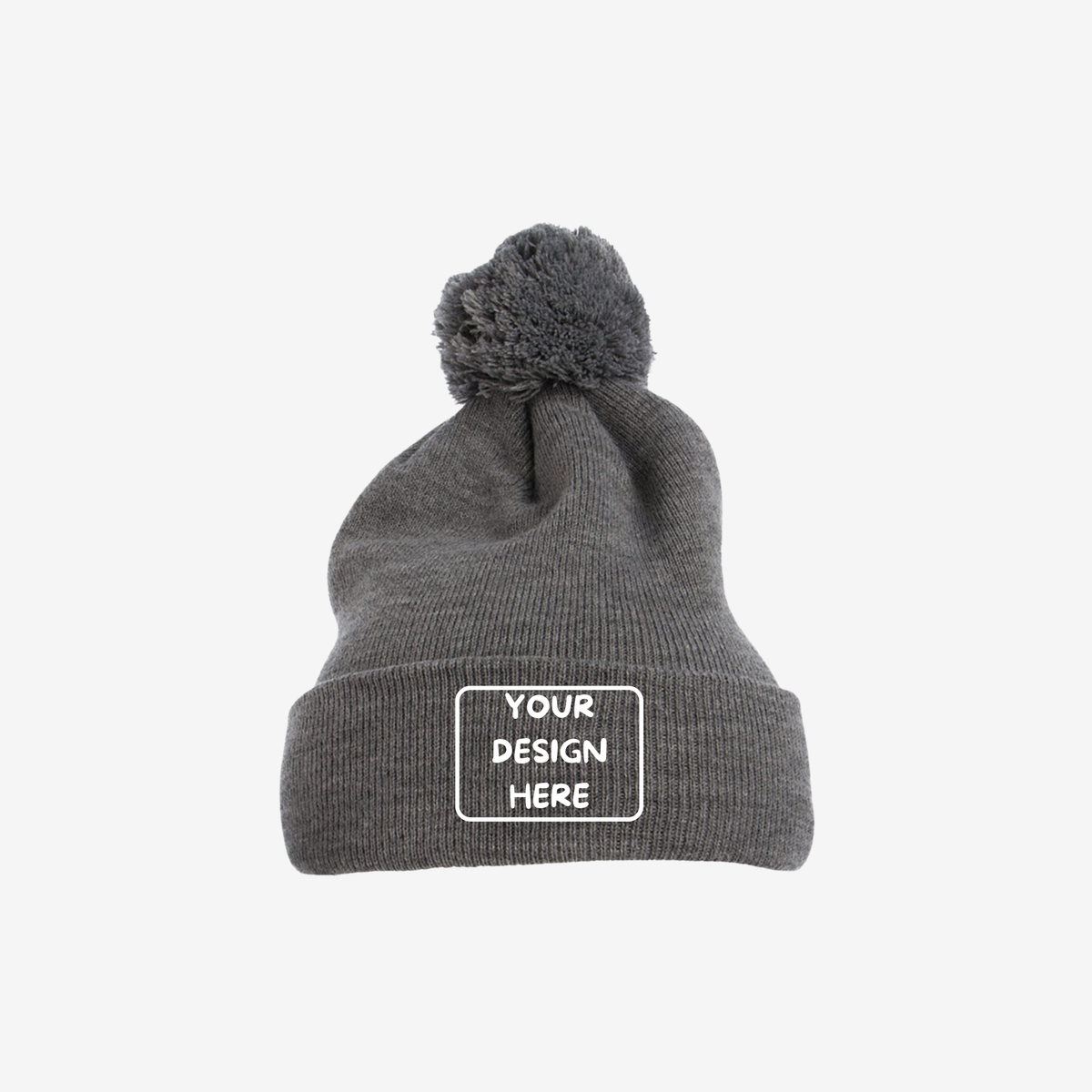 Heather Grey YP Classics 1501P pom-pom cuffed knit beanie with a fold-over cuff and pom-pom top