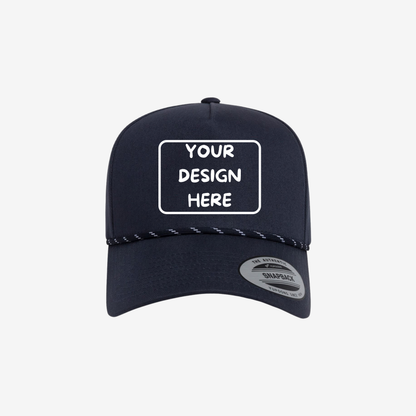 Front view of Navy YP Classics 5079BD retro five-panel rope cap showing the seamless front panel, braided rope accent and curved bill