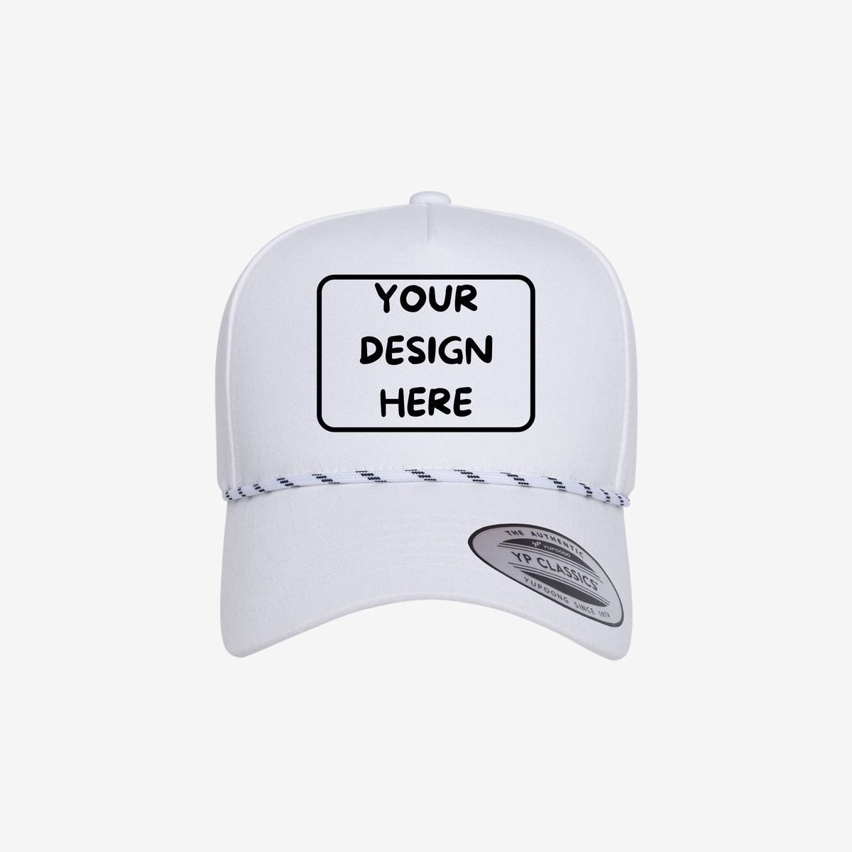 Front view of White YP Classics 5079BD retro five-panel rope cap showing the seamless front panel, braided rope accent and curved bill