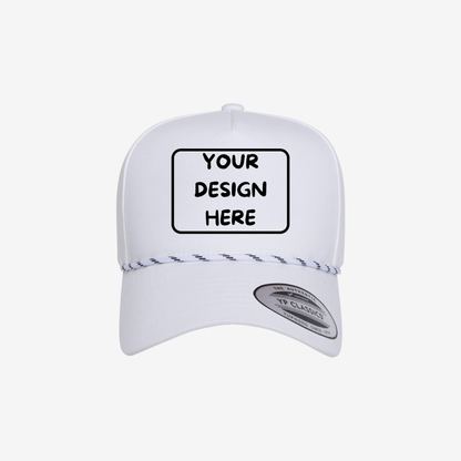 Front view of White YP Classics 5079BD retro five-panel rope cap showing the seamless front panel, braided rope accent and curved bill