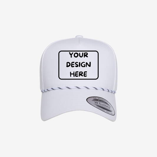 Front view of White YP Classics 5079BD retro five-panel rope cap showing the seamless front panel, braided rope accent and curved bill