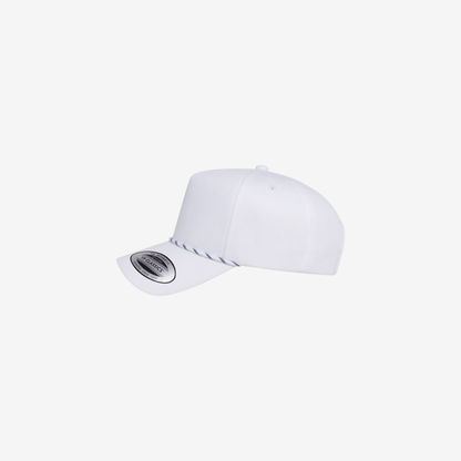 Side view of White YP Classics 5079BD retro five-panel rope cap showing the high-profile crown, curved bill and braided rope accent