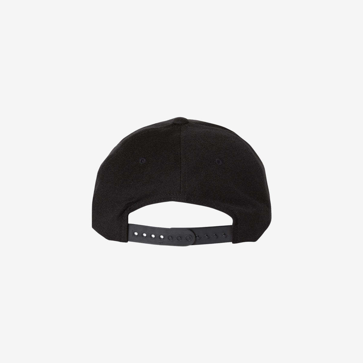 Back view of Black YP Classics 5789M premium five-panel snapback cap showing the adjustable snapback closure
