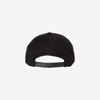 Back view of Black YP Classics 5789M premium five-panel snapback cap showing the adjustable snapback closure