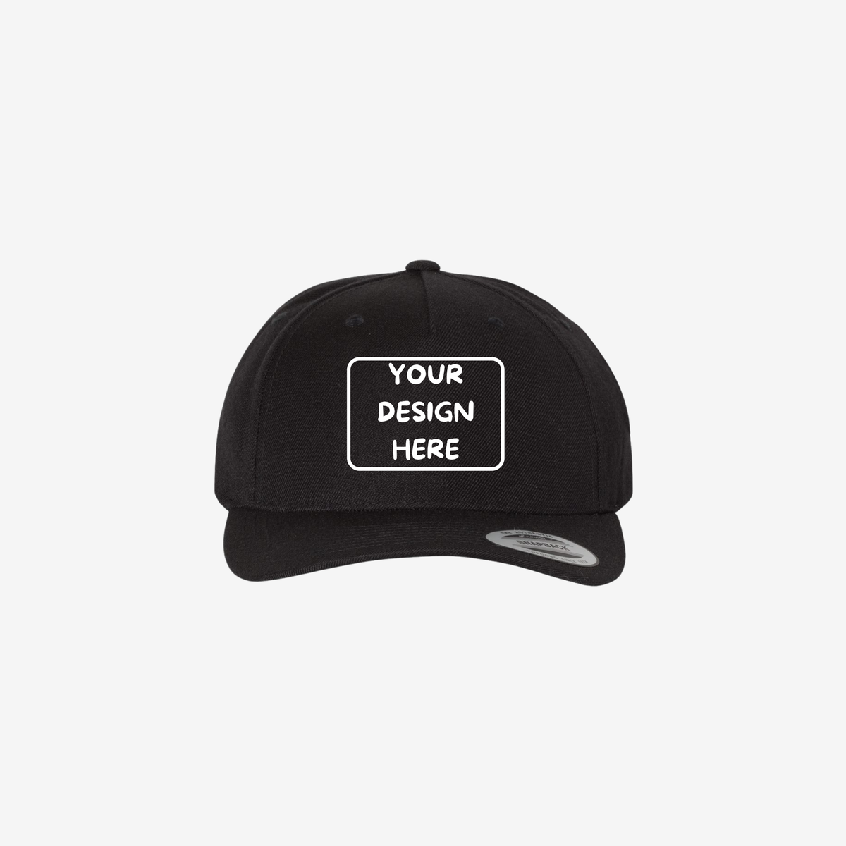 Front view of Black YP Classics 5789M premium five-panel snapback cap showing the seamless front panel and curved bill