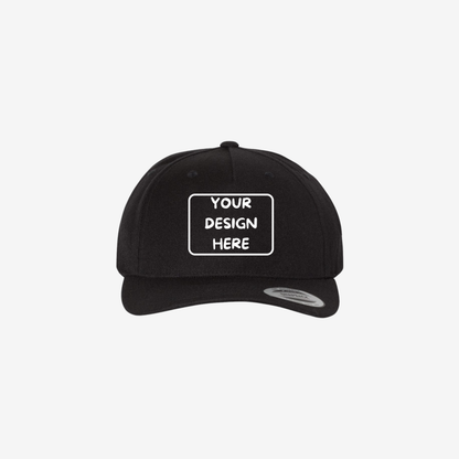 Front view of Black YP Classics 5789M premium five-panel snapback cap showing the seamless front panel and curved bill