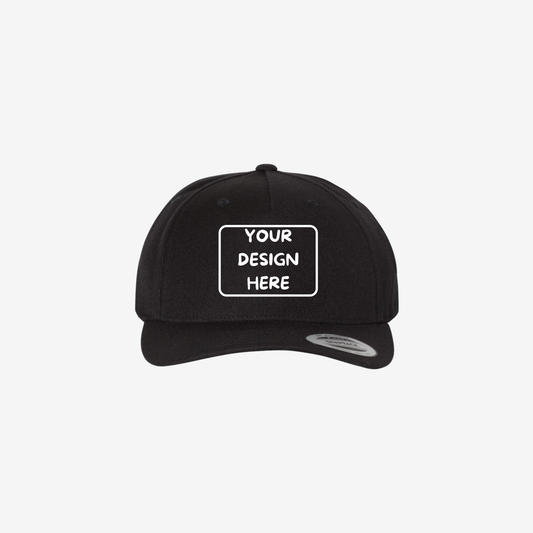 Front view of Black YP Classics 5789M premium five-panel snapback cap showing the seamless front panel and curved bill