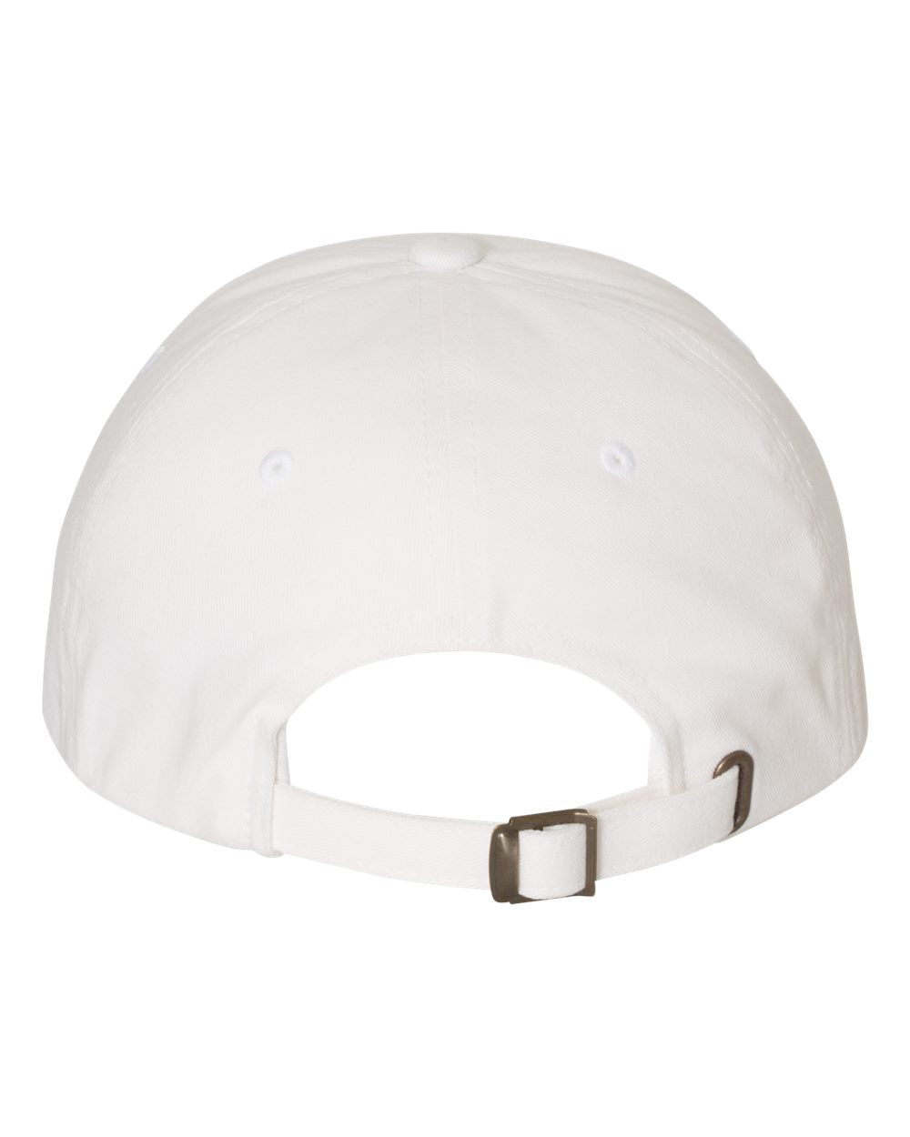 Back view of White YP Classics 6245PT peached cotton twill dad hat showing the adjustable antique brass buckle closure