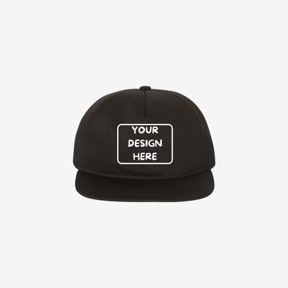 Black YP Classics 6502 lightly structured five-panel snapback cap with a high-profile crown and flat bill