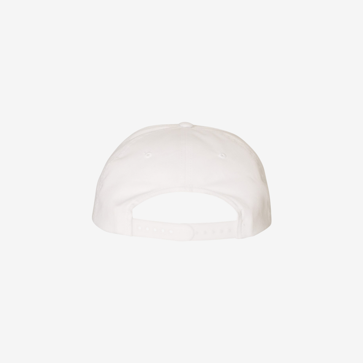 Back view of White YP Classics 6502 five-panel snapback cap showing the matching adjustable snapback closure