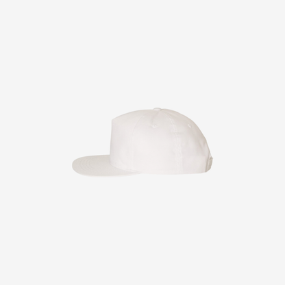 Side view of White YP Classics 6502 lightly structured five-panel snapback cap showing the high-profile crown and flat bill