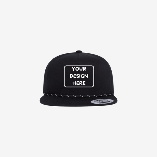 Front view of Black YP Classics 6502BD lightly structured five-panel rope cap showing the braided rope accent and flat bill