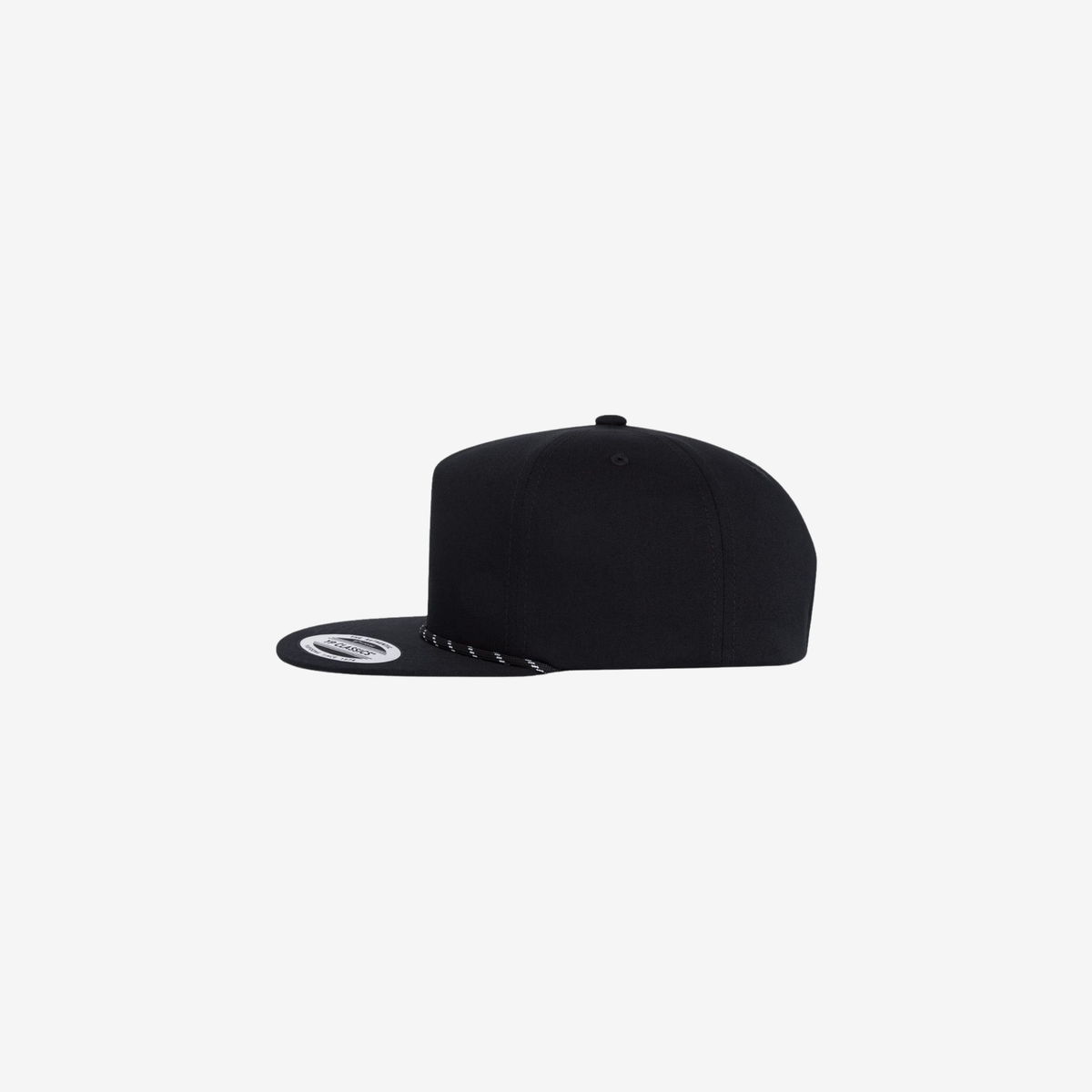 Side view of Black YP Classics 6502BD five-panel rope cap showing the high-profile crown, flat bill and braided rope accent
