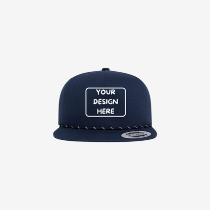 Navy YP Classics 6502BD lightly structured five-panel rope cap with a braided rope accent and flat bill