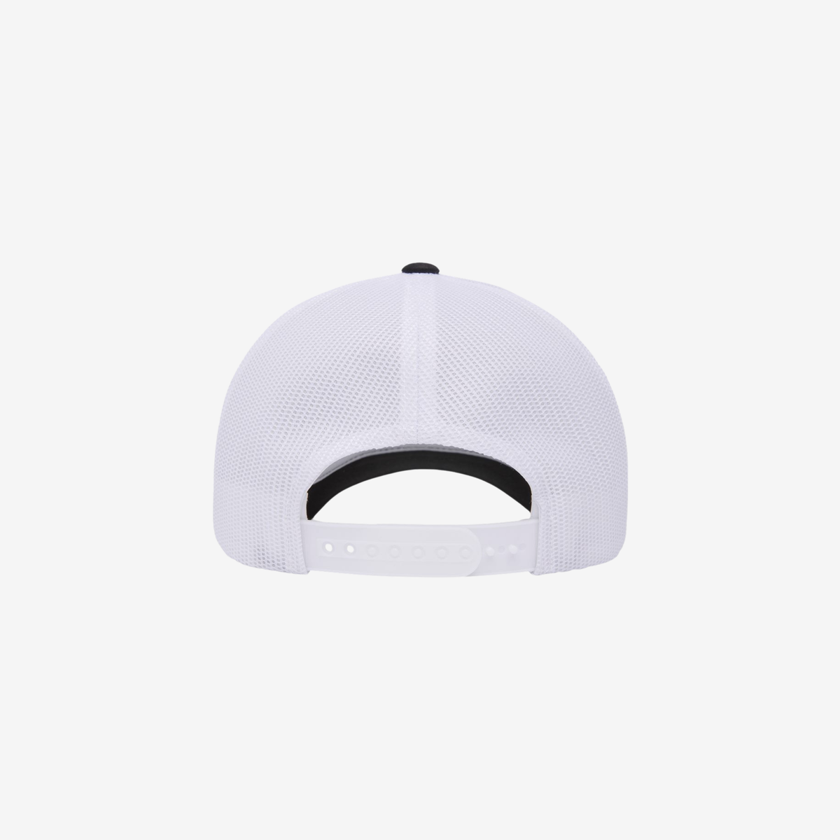 Back view of Black and White YP Classics 6601 Elite trucker hat showing white mesh panels and an adjustable snapback closure