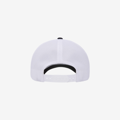 Back view of Black and White YP Classics 6601 Elite trucker hat showing white mesh panels and an adjustable snapback closure