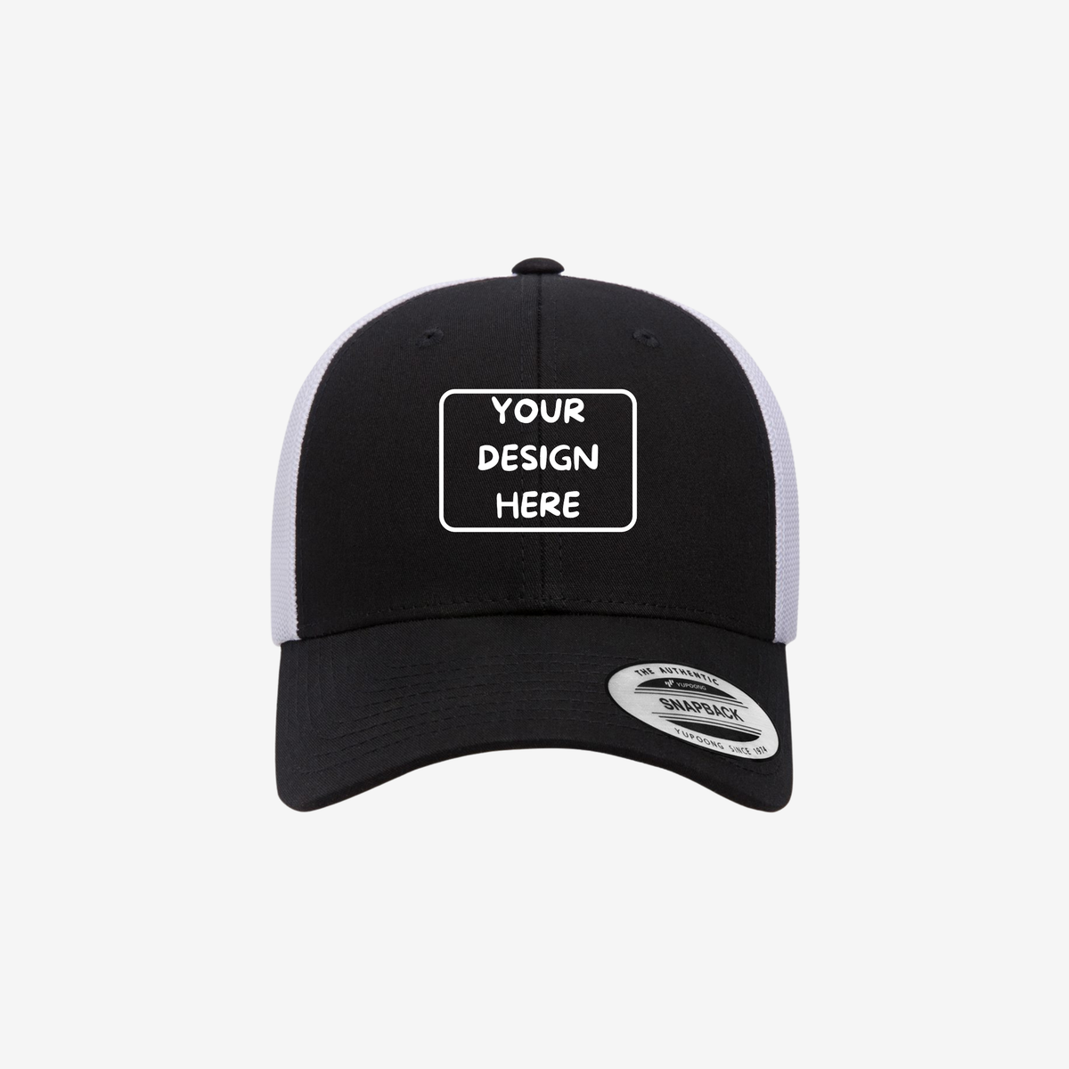 Front view of Black and White YP Classics 6601 Elite trucker hat showing black structured front panels and a curved bill