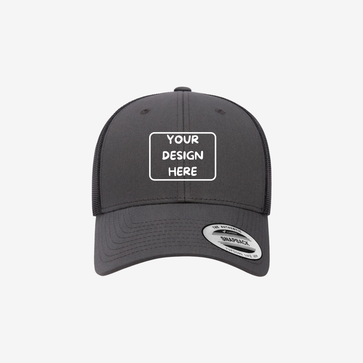 Charcoal and Black YP Classics 6601 Elite trucker hat with charcoal front panels and black mesh back