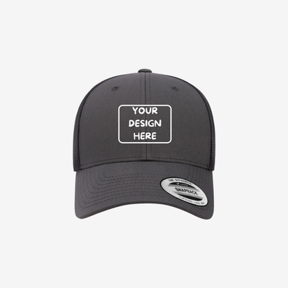 Charcoal and Black YP Classics 6601 Elite trucker hat with charcoal front panels and black mesh back