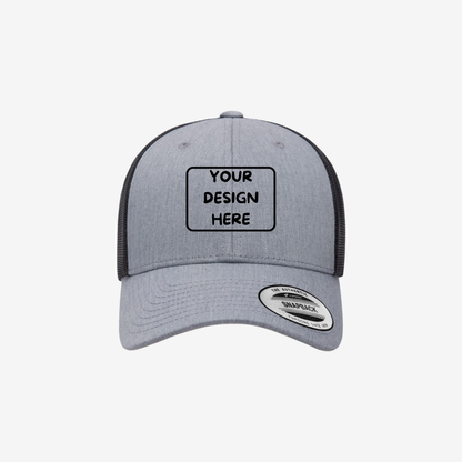Heather and Black YP Classics 6601 Elite trucker hat with heather front panels and black mesh back