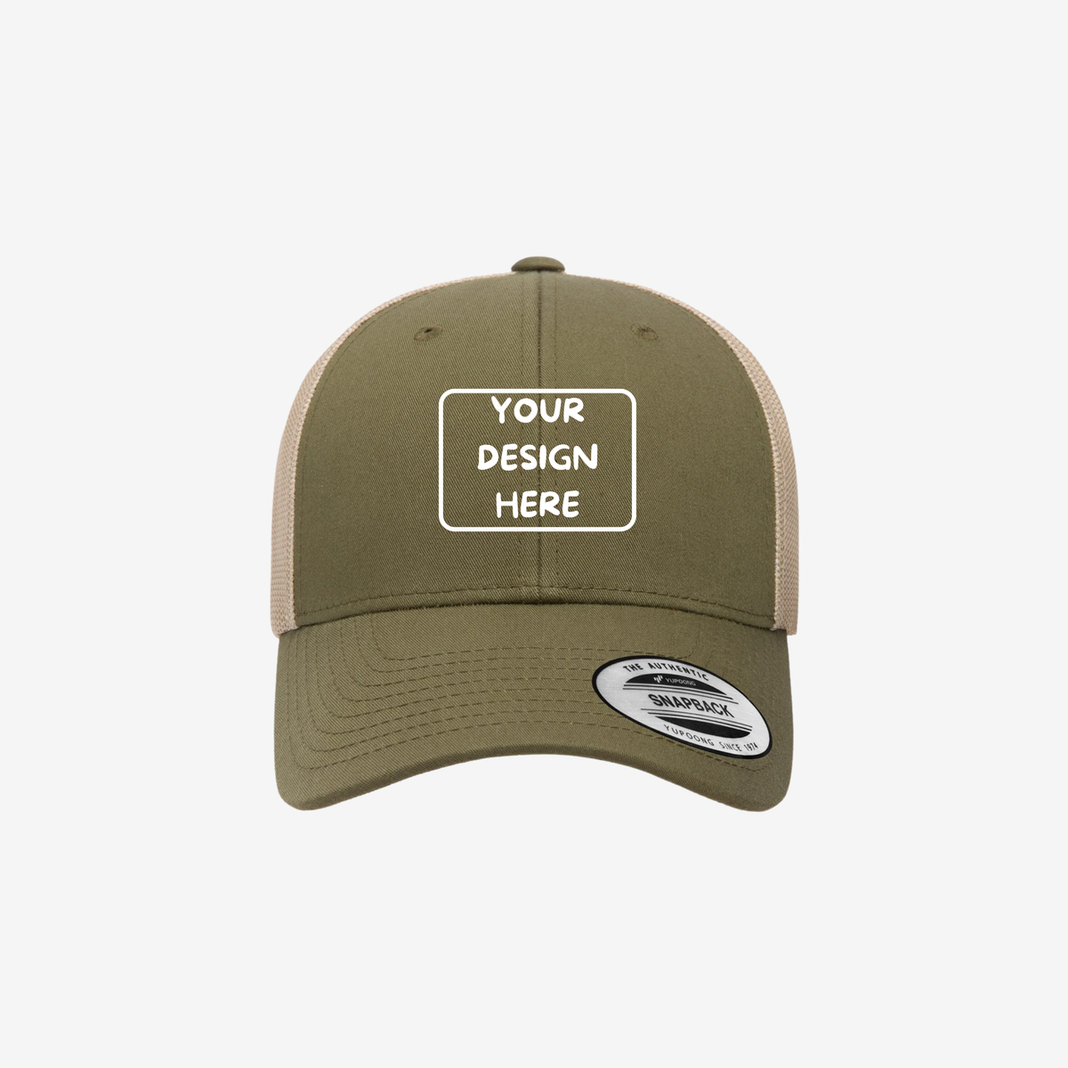 Moss Green and Khaki YP Classics 6601 Elite trucker hat with moss green front panels and khaki mesh back